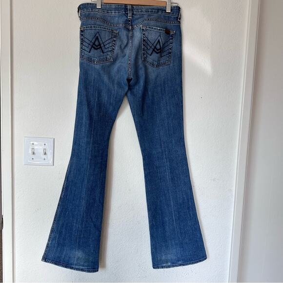 7 For All Mankind Blue Distressed Denim Flare Leg Jeans Style# U130j055u-055u - Picture 4 of 10